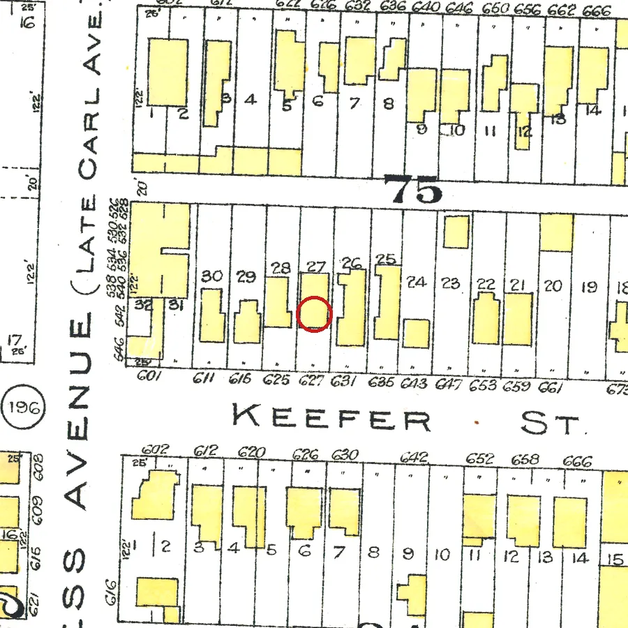 The lot at 627 Keefer Street on the 1912 fire insurance map