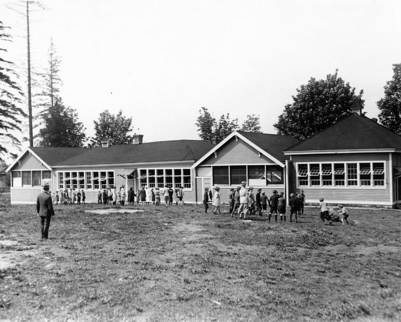 Children on the grounds of the open-air school at 20th Avenue and Clark Drive