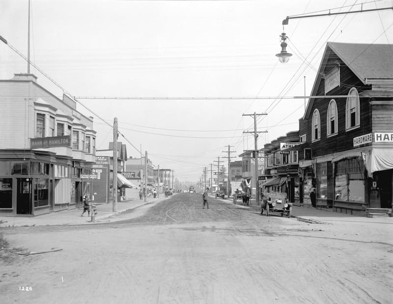 The 3500 block of Commercial Street, looking north from 20th Avenue past the Bank of Hamilton