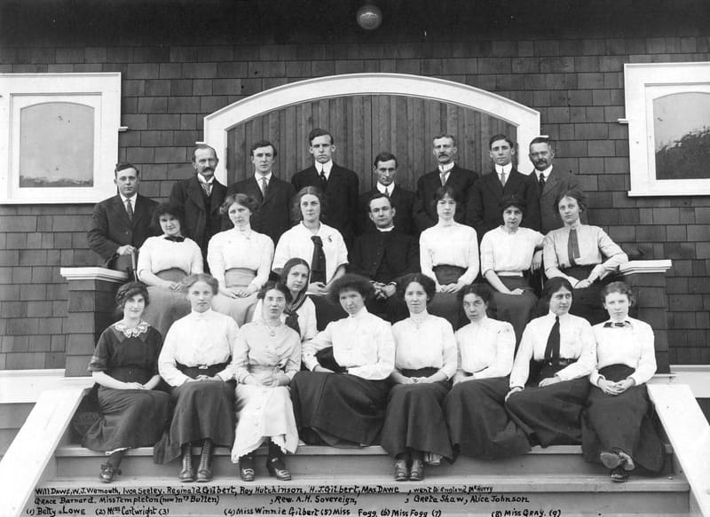 Sunday school teachers with Rev. A.H. Sovereign on the steps of St. Mark's Church