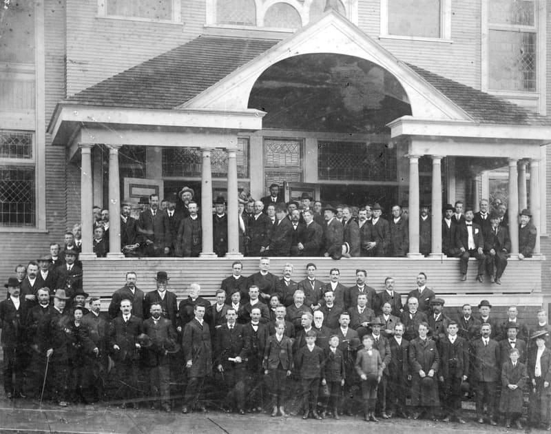 A large group, Rev. Ebenezer Robson among them, in front of Mount Pleasant Methodist Church