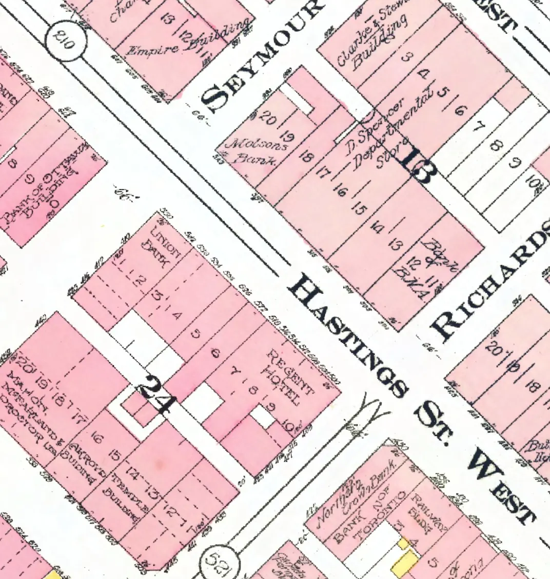 The 500 block of West Hastings Street on Goad's 1912 fire insurance map